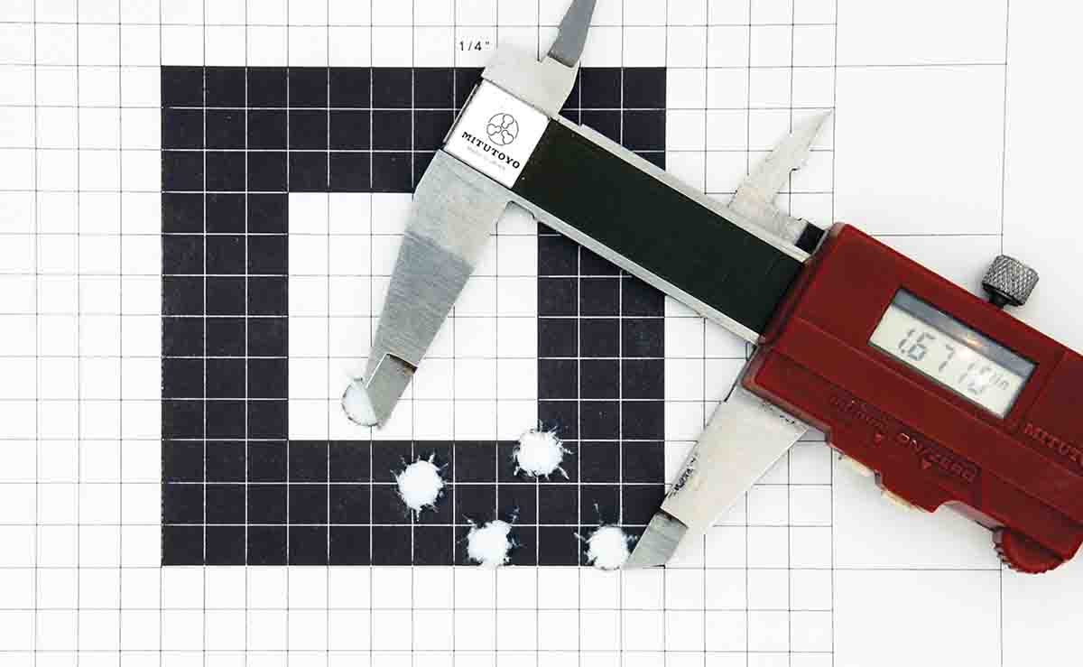 Nosler’s 200-grain Partition bullets deliver. A tight 1.671-inch group wih five-shot groups at 200 yards.